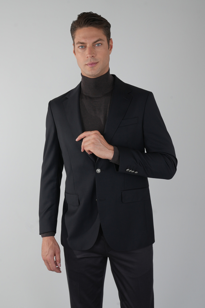 Comfort Fit Siyah Dokuma Mono Yaka Çift Yırtmaçlı 6 Drop Yün Blazer Erkek Ceket