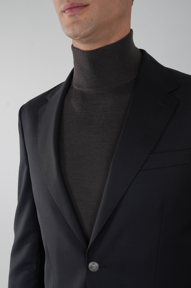 Comfort Fit Siyah Dokuma Mono Yaka Çift Yırtmaçlı 6 Drop Yün Blazer Erkek Ceket - 3