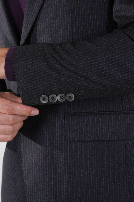 Comfort Fit Siyah Mono Yaka Çift Yırtmaçlı 4 Drop Erkek Yün Ceket - 3