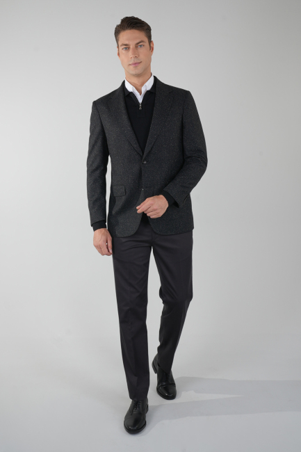 Comfort Fit Siyah Mono Yaka Çift Yırtmaçlı 6 Drop Erkek İpek Yün Ceket - 6