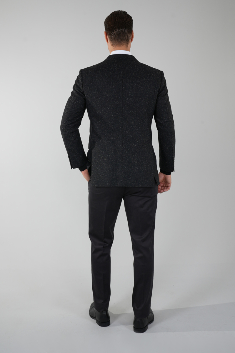 Comfort Fit Siyah Mono Yaka Çift Yırtmaçlı 6 Drop Erkek İpek Yün Ceket (1)
