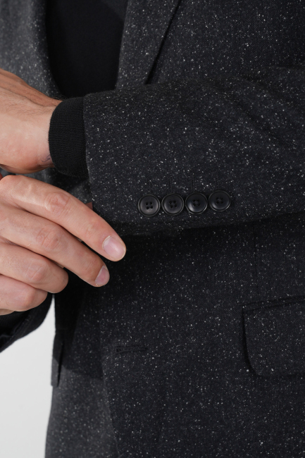 Comfort Fit Siyah Mono Yaka Çift Yırtmaçlı 6 Drop Erkek İpek Yün Ceket - 3