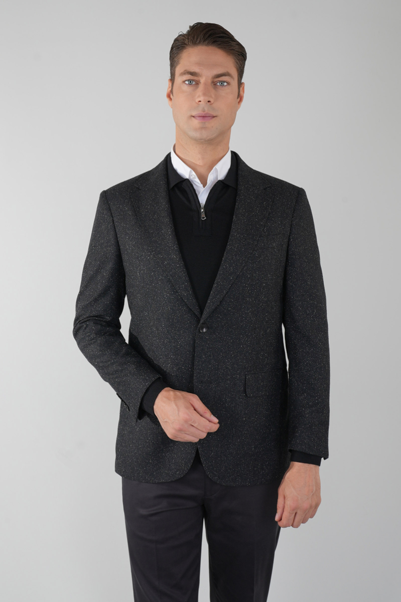 Comfort Fit Siyah Mono Yaka Çift Yırtmaçlı 6 Drop Erkek İpek Yün Ceket