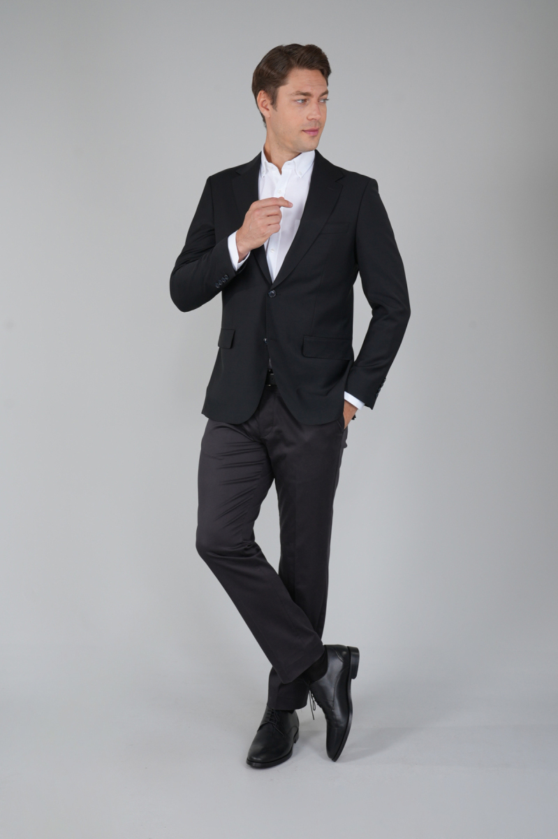 Comfort Fit Siyah Mono Yaka Çift Yırtmaçlı 6 Drop Erkek Yün Ceket