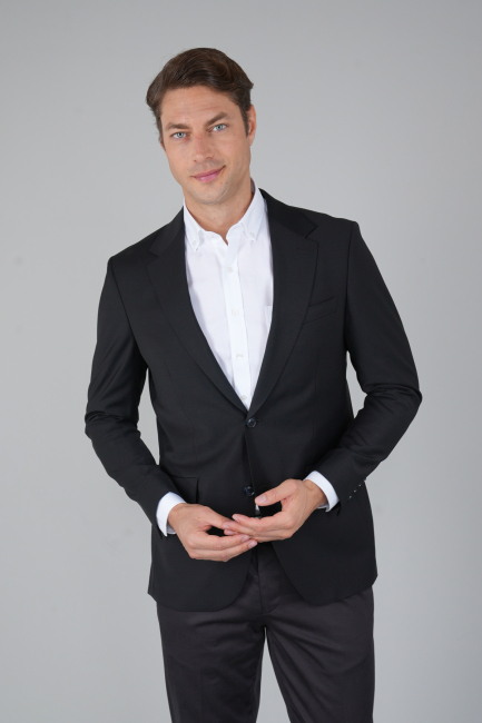 Comfort Fit Siyah Mono Yaka Çift Yırtmaçlı 6 Drop Erkek Yün Ceket - 5