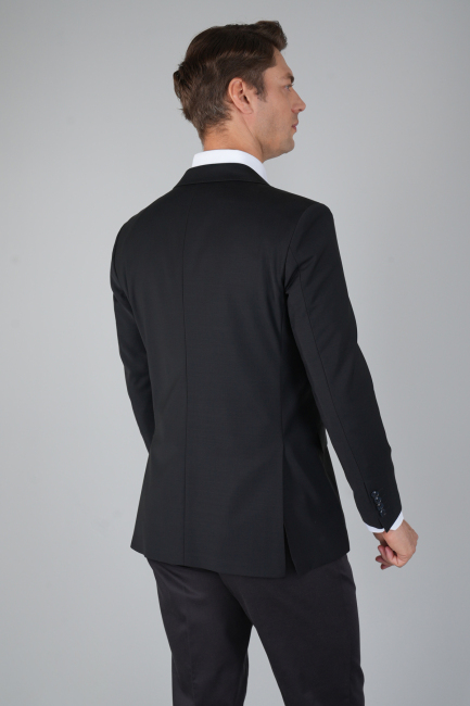 Comfort Fit Siyah Mono Yaka Çift Yırtmaçlı 6 Drop Erkek Yün Ceket - 2