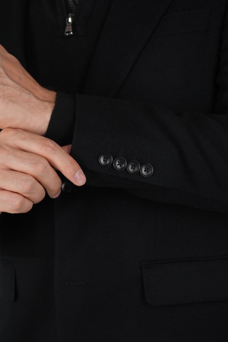 Comfort Fit Siyah Mono Yaka Çift Yırtmaçlı 6 Drop Yün Erkek Ceket - 4