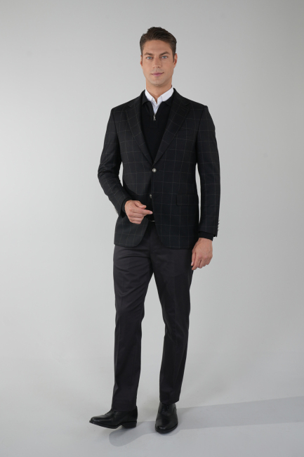 Comfort Fit Siyah Mono Yaka Çift Yırtmaçlı 6 Drop Yün Kaşmir Erkek Ceket