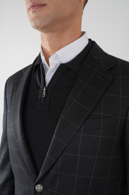 Comfort Fit Siyah Mono Yaka Çift Yırtmaçlı 6 Drop Yün Kaşmir Erkek Ceket - 3