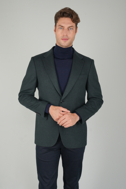 Comfort Fit Yeşil Mono Yaka Çift Yırtmaçlı 6 Drop Yün Erkek Ceket