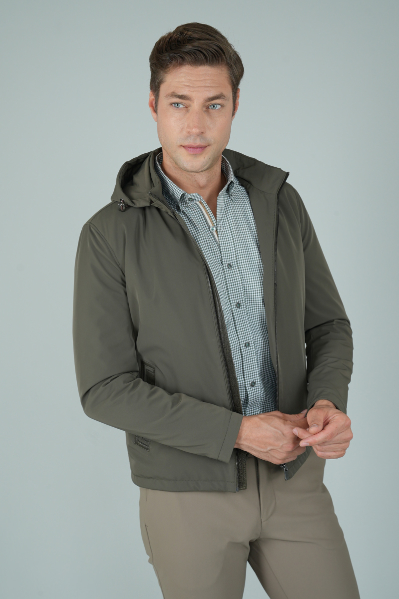 Deri Detaylı Regular Fit Erkek Haki Mont