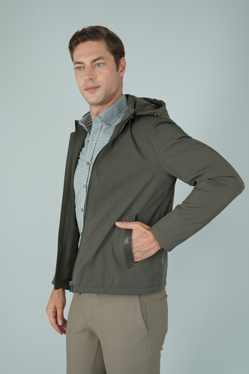 Deri Detaylı Regular Fit Erkek Haki Mont - 5