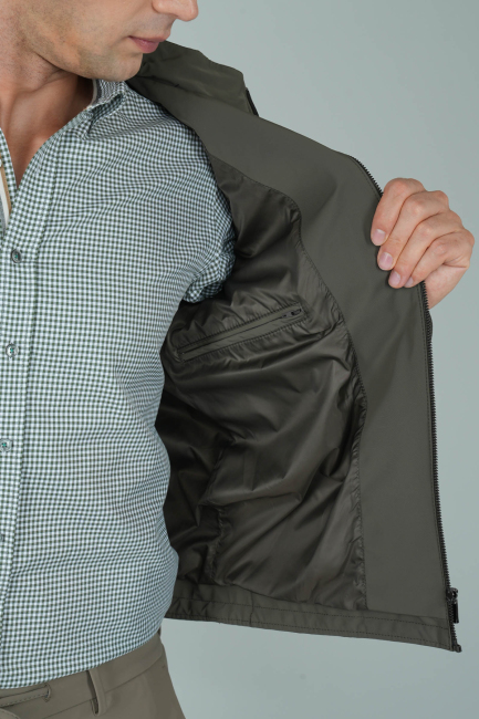 Deri Detaylı Regular Fit Erkek Haki Mont - 4