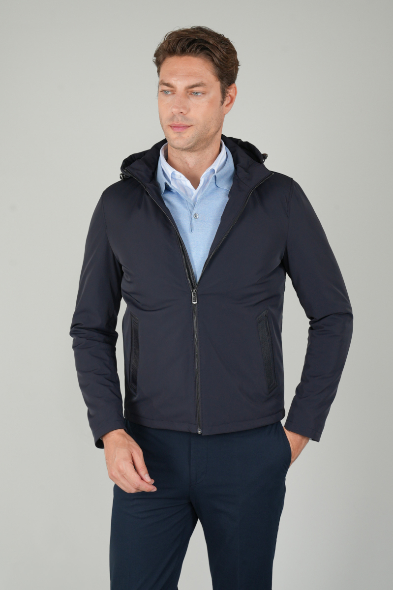 Deri Detaylı Regular Fit Erkek Lacivert Mont - 5