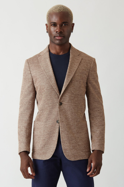 Erkek 2 Düğme Çift Yırtmaç Mono Yaka Ceket Bej - 4