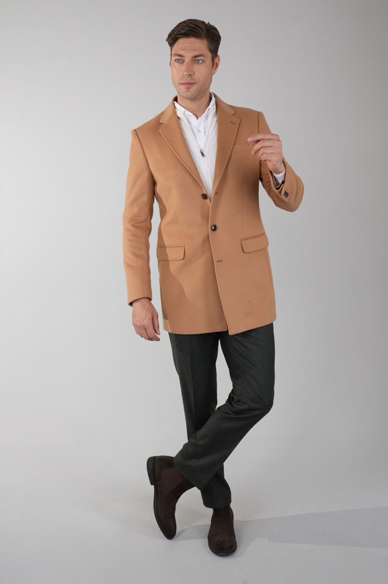 Erkek 3 Düğme Tek Yırtmaçlı Tam Astarlı Palto Camel - 5