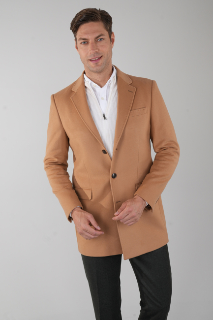Erkek 3 Düğme Tek Yırtmaçlı Tam Astarlı Palto Camel - 1