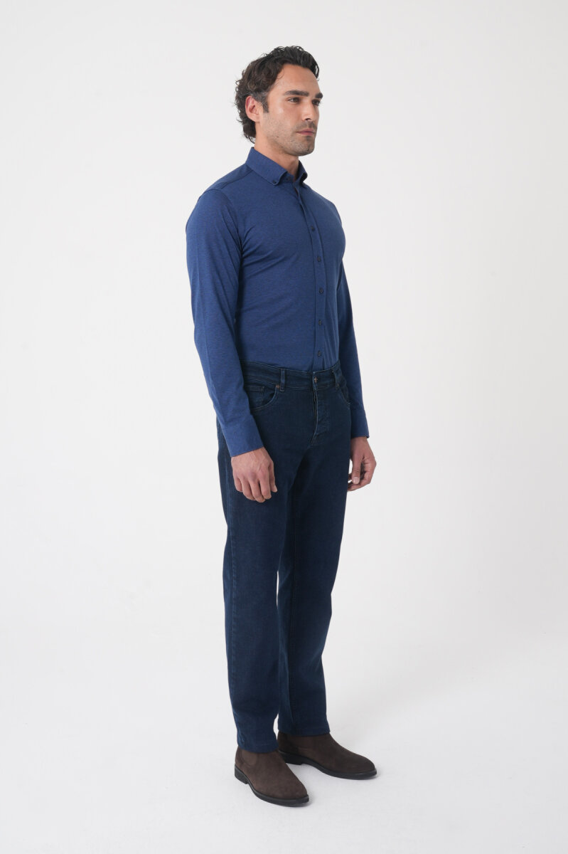 Erkek 5 Cepli Yıkamalı Jean Denim Pantolon Koyu Lacivert - 3