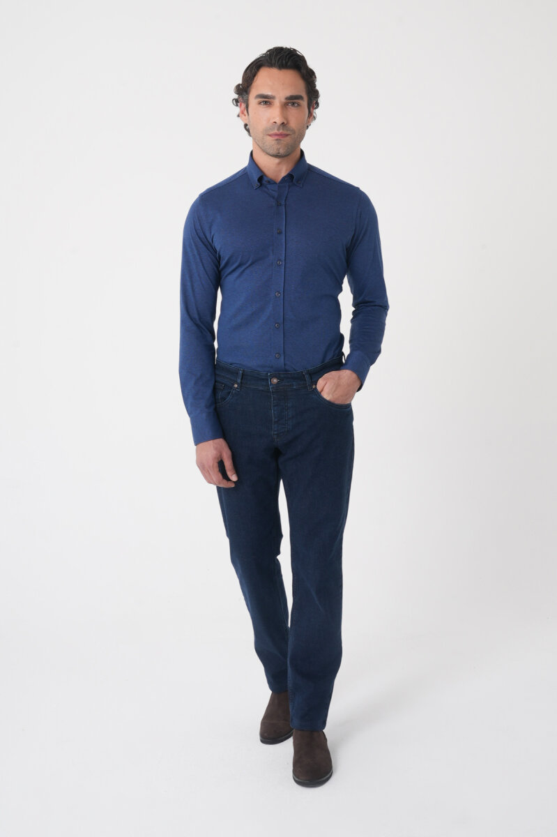 Erkek 5 Cepli Yıkamalı Jean Denim Pantolon Koyu Lacivert - 4