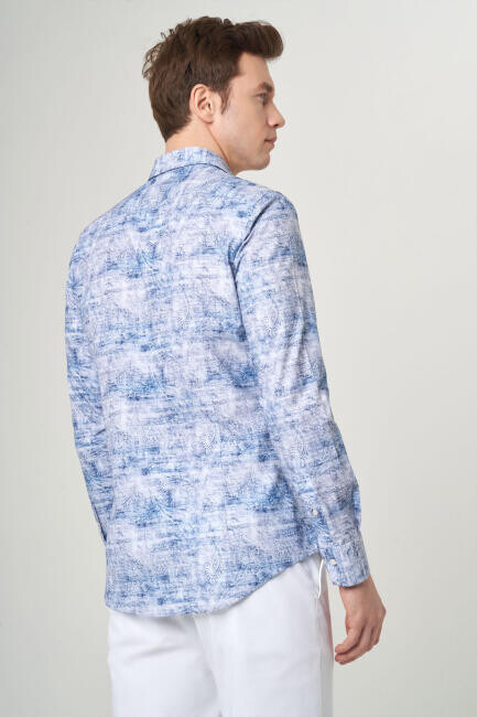 Erkek Açık Mavi Slim Fit Klasik Yaka Uzun Kollu Spor Gömlek (1)