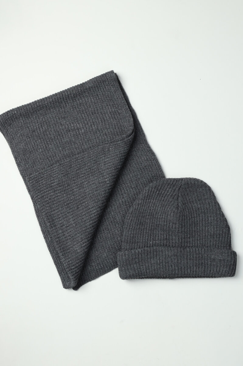 Erkek Antrasit Düz Bere Atkı Seti