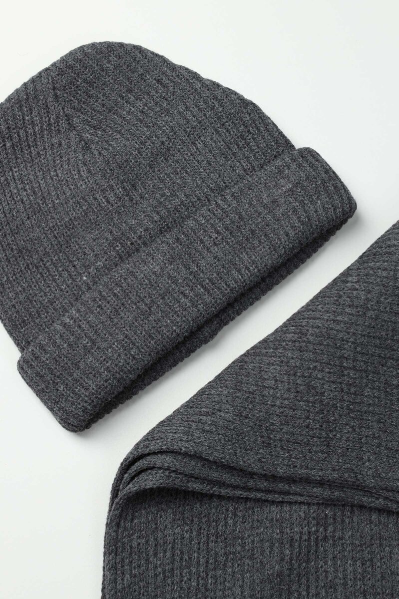 Erkek Antrasit Düz Bere Kaşkol Seti (1)