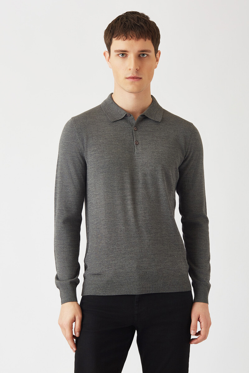 Erkek Basic Polo Yaka Akrilik Yün Triko Gri - 1