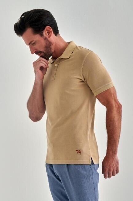 Polo Yaka Kabartma Baskılı Bej Erkek T-Shirt - 5