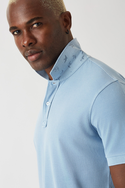 Erkek Baskılı Polo Yaka T-Shirt Mavi - 3