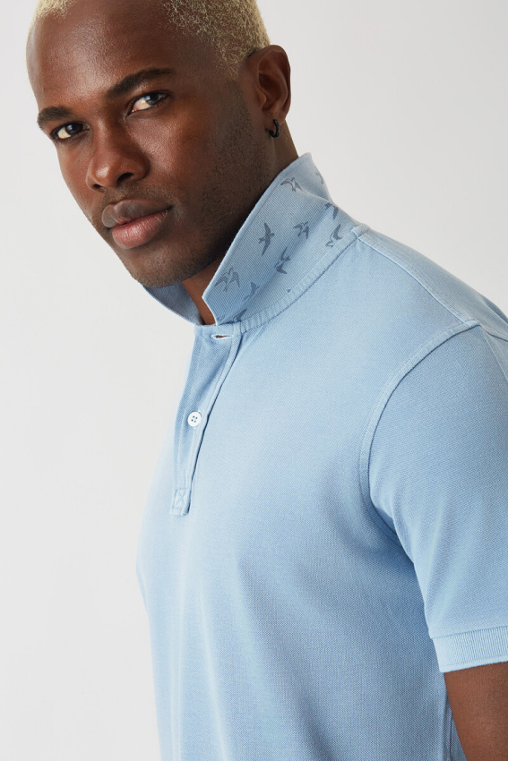 Erkek Baskılı Polo Yaka T-Shirt Mavi - 3