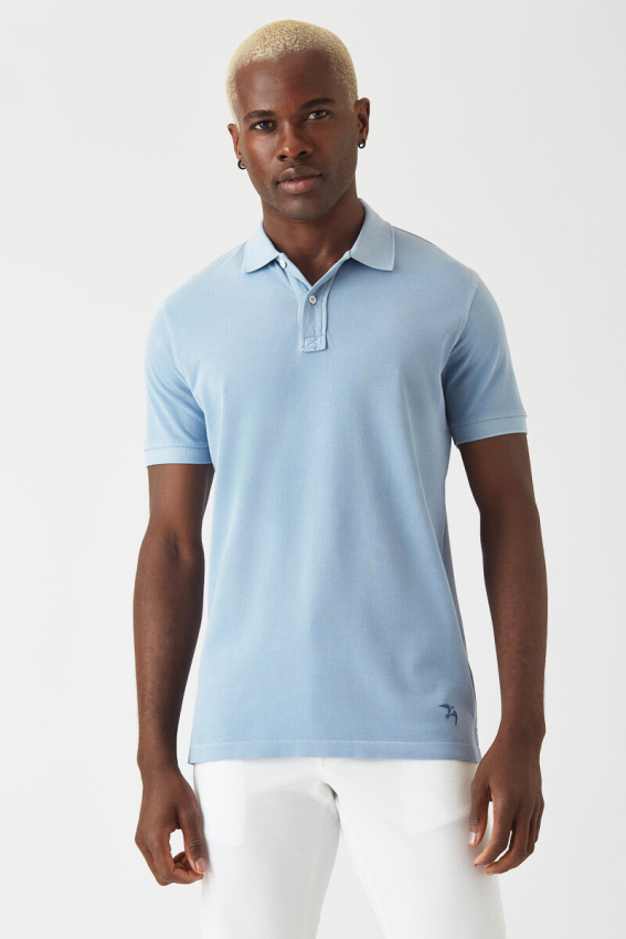 Erkek Baskılı Polo Yaka T-Shirt Mavi - 1