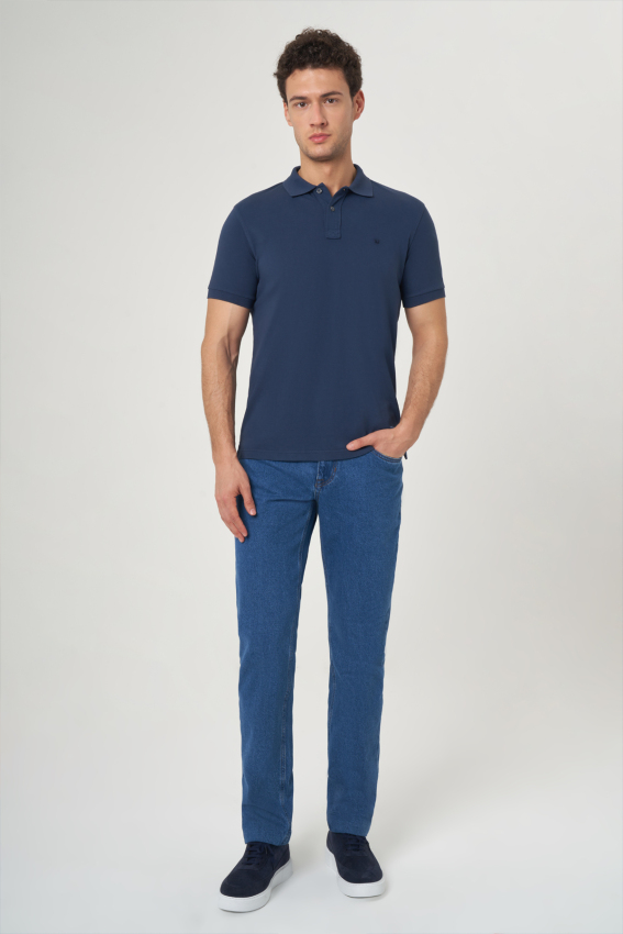 Polo Yaka Kabartma Baskılı Lacivert Erkek T-Shirt - 4