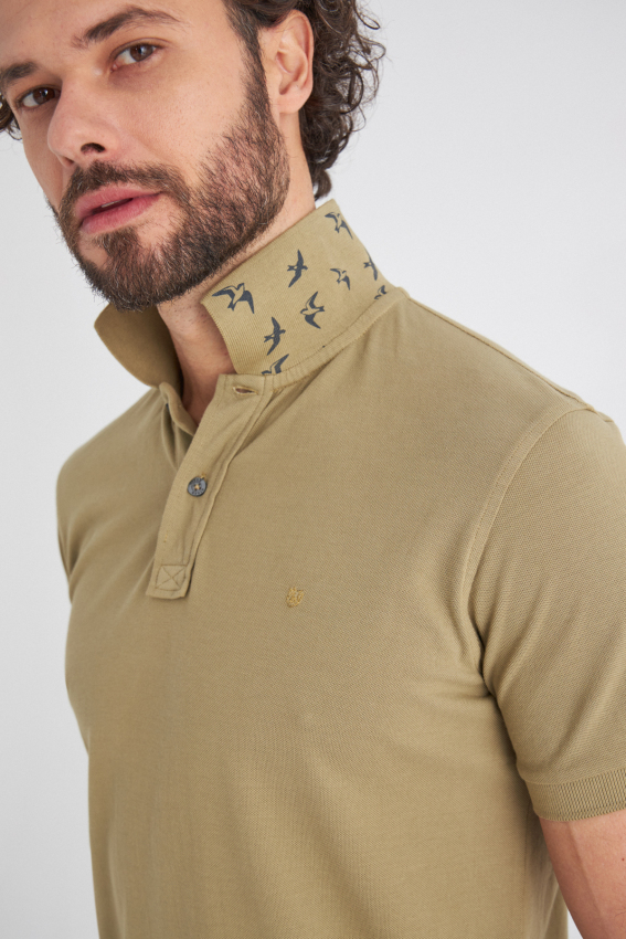 Polo Yaka Kabartma Baskılı Haki Erkek T-Shirt - 3