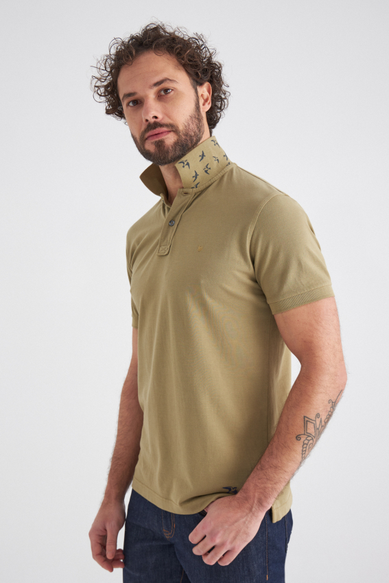 Polo Yaka Kabartma Baskılı Haki Erkek T-Shirt - 4