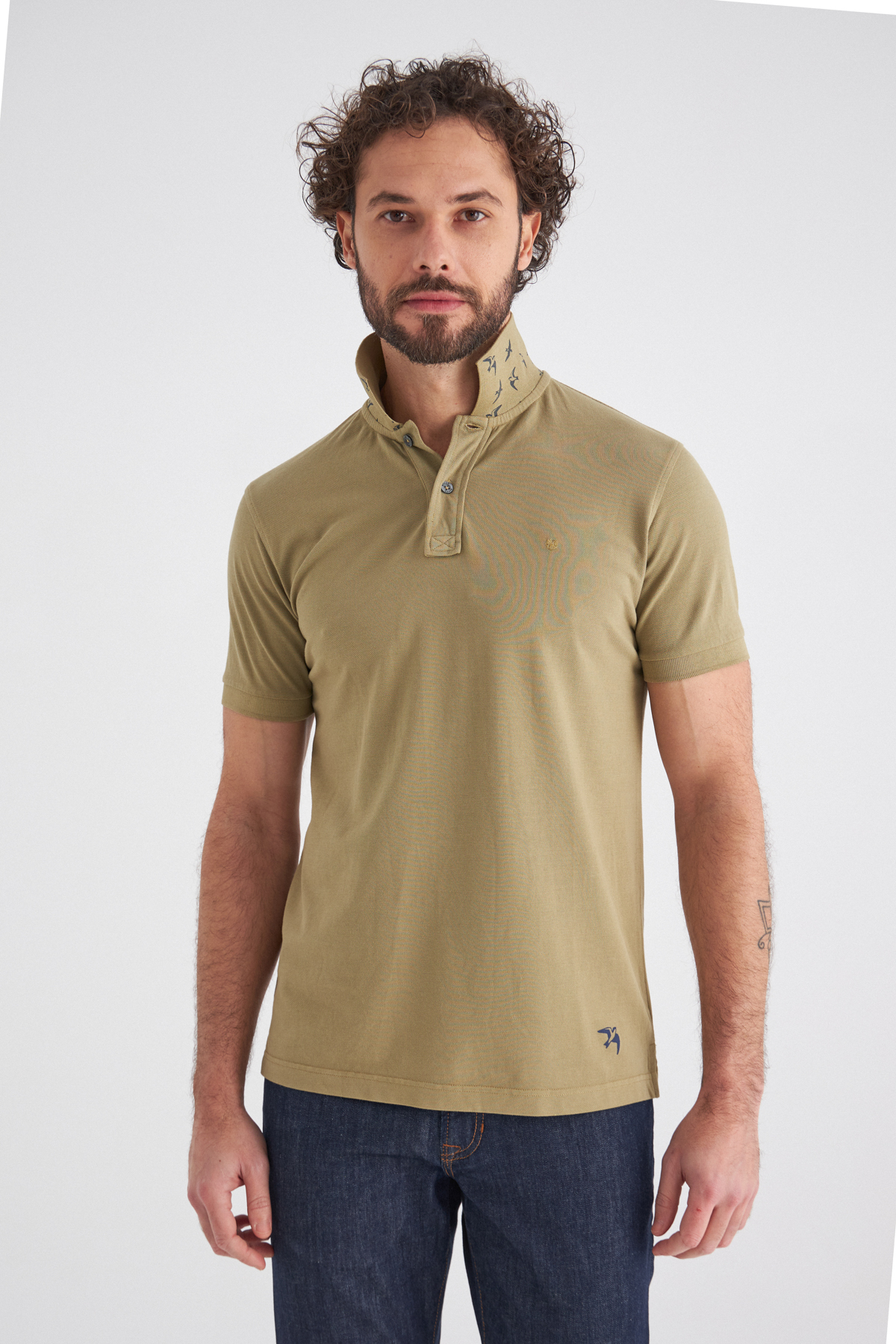 Polo Yaka Kabartma Baskılı Haki Erkek T-shirt