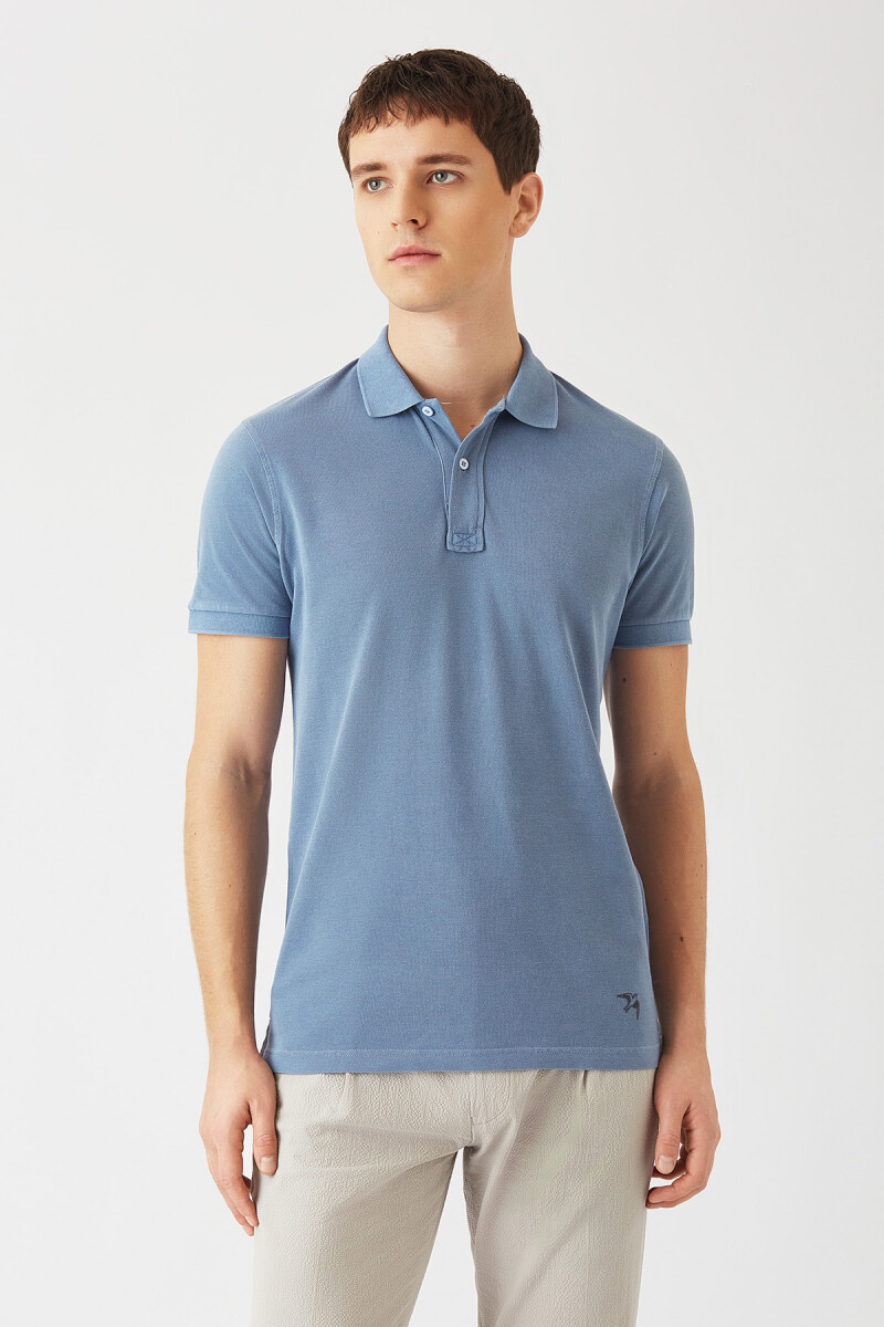 Polo Yaka Kabartma Baskılı İndigo Erkek T-shirt