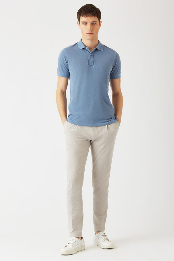 Polo Yaka Kabartma Baskılı İndigo Erkek T-Shirt - 4