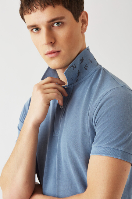 Polo Yaka Kabartma Baskılı İndigo Erkek T-Shirt - 3