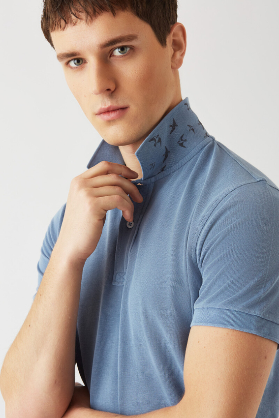 Polo Yaka Kabartma Baskılı İndigo Erkek T-Shirt - 3