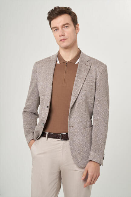 Erkek Bej 2 Düğmeli Çift Yırtmaçlı Mono Yaka Ceket - 1