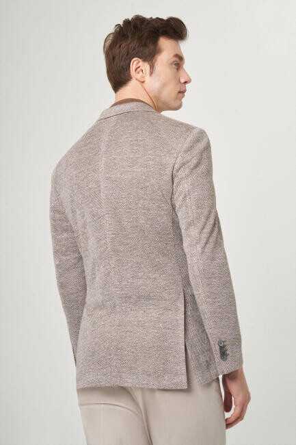 Erkek Bej 2 Düğmeli Çift Yırtmaçlı Mono Yaka Ceket - 2