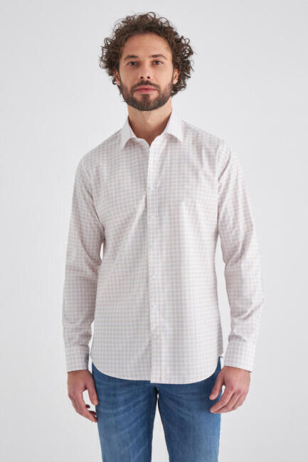 Erkek Bej Klasik Yaka Regular Fit Spor Pamuk Gömlek 