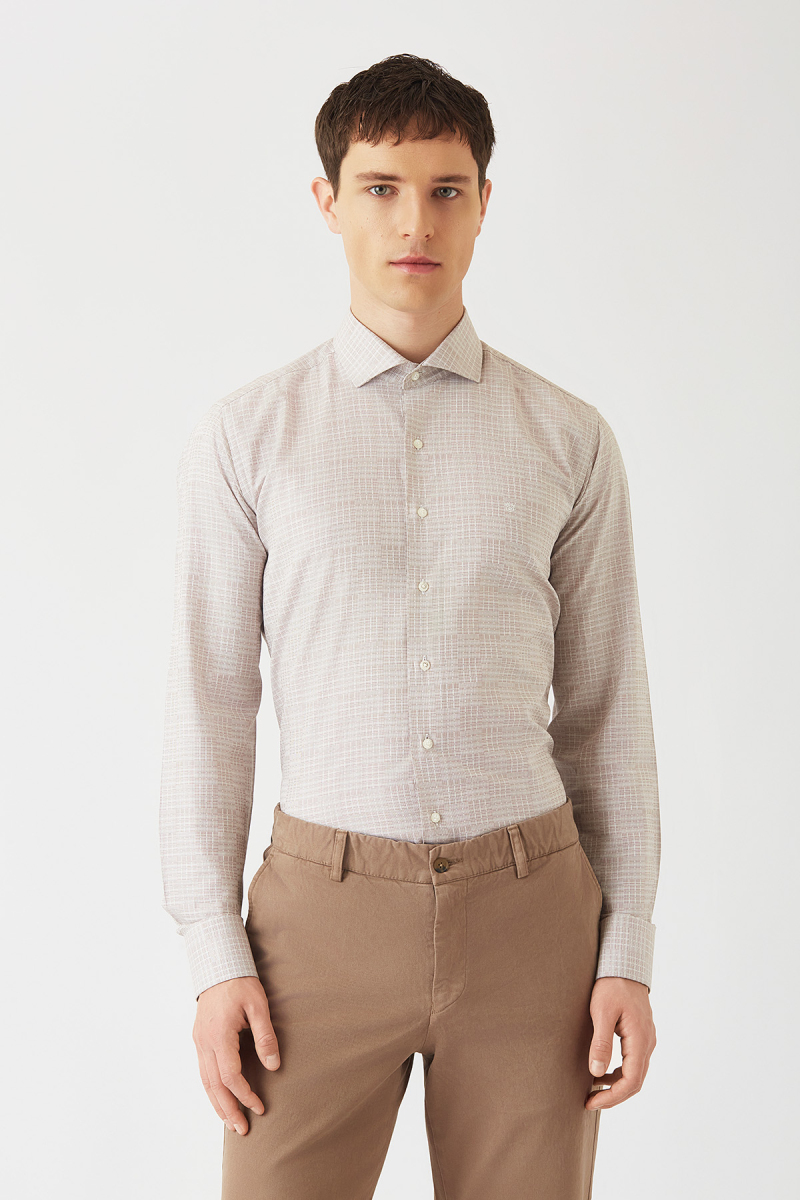 Erkek Bej Pamuk Regular Fit Klasik Gömlek