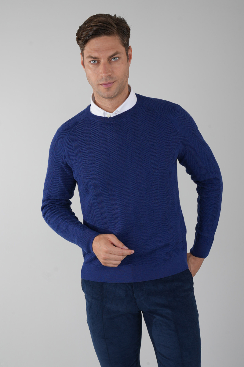 Erkek Bisiklet Yaka Yün Jakar Triko İndigo