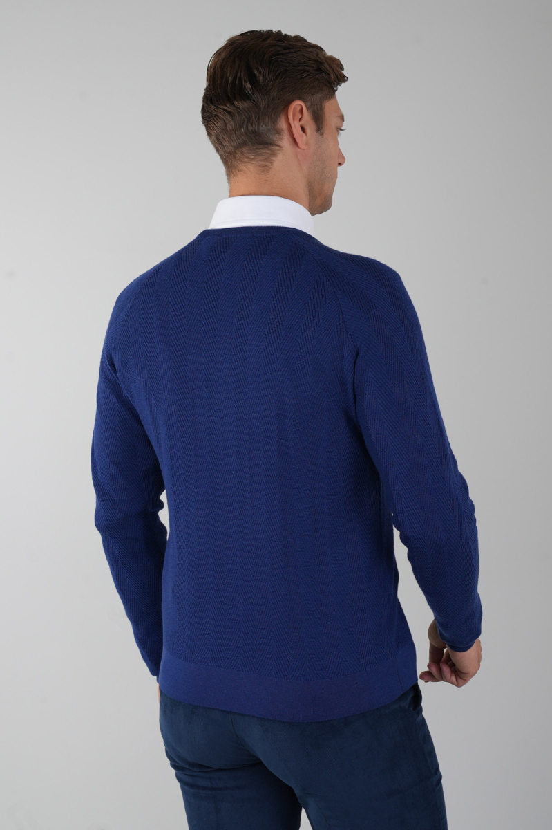 Erkek Bisiklet Yaka Yün Jakar Triko İndigo (1)