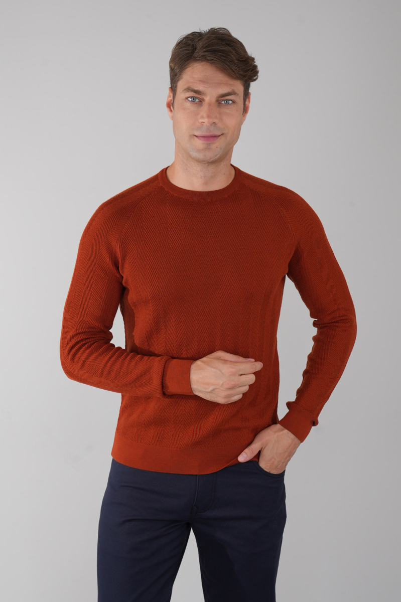 Erkek Bisiklet Yaka Yün Jakar Triko Kremit