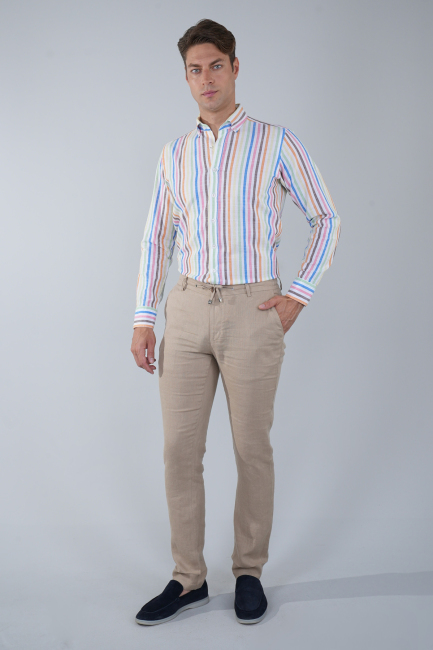 Erkek Camel Lastikli Bağcıklı Spor Keten Pantolon - 5