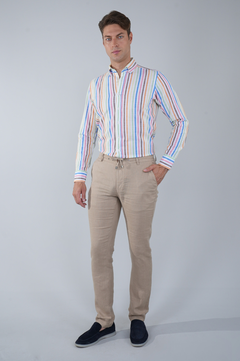 Erkek Camel Lastikli Bağcıklı Spor Keten Pantolon - 5