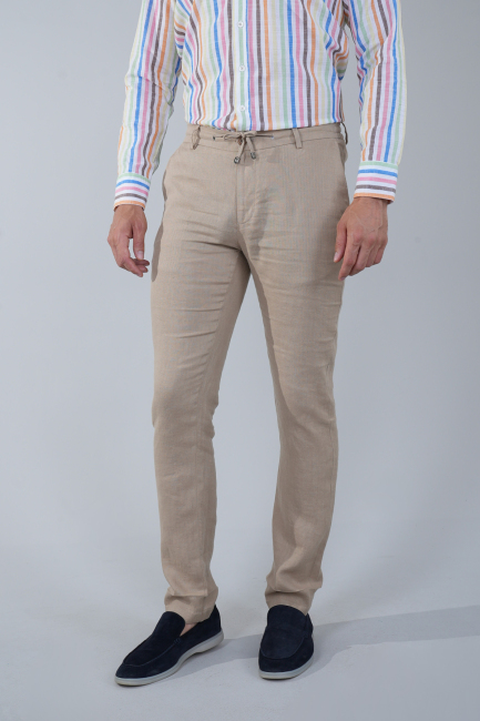 Erkek Camel Lastikli Bağcıklı Spor Keten Pantolon 