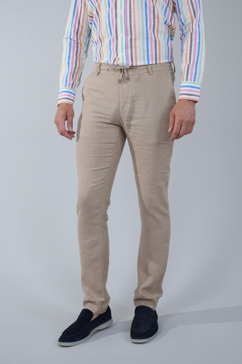 Erkek Camel Lastikli Bağcıklı Spor Keten Pantolon - 1